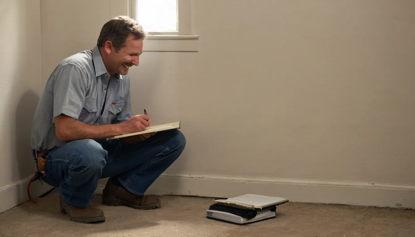 Provider inspecting a baseboard with a flashlight inside a Columbus home